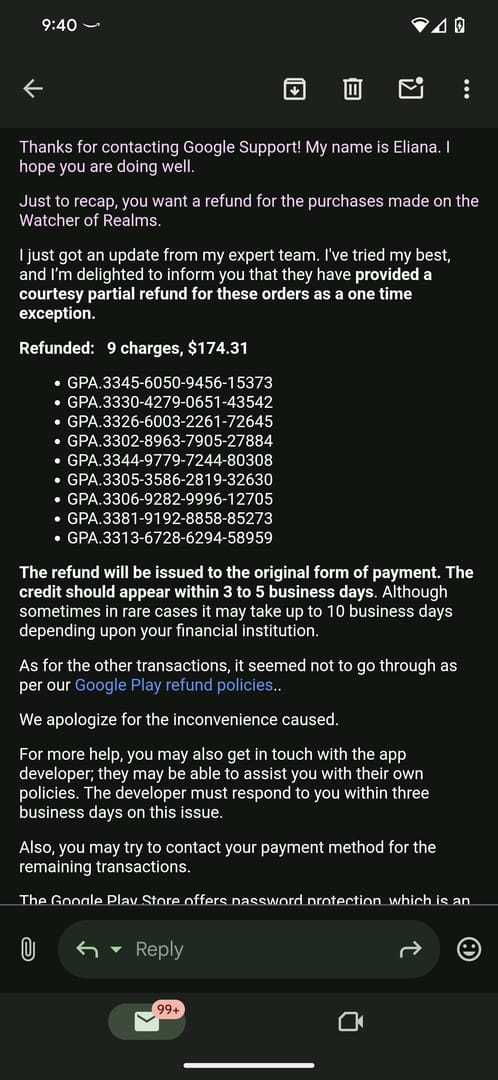 Comparison visual showing Watcher of Realms refund handling paths for Apple App Store, Google Play, and partner top-up merchants.