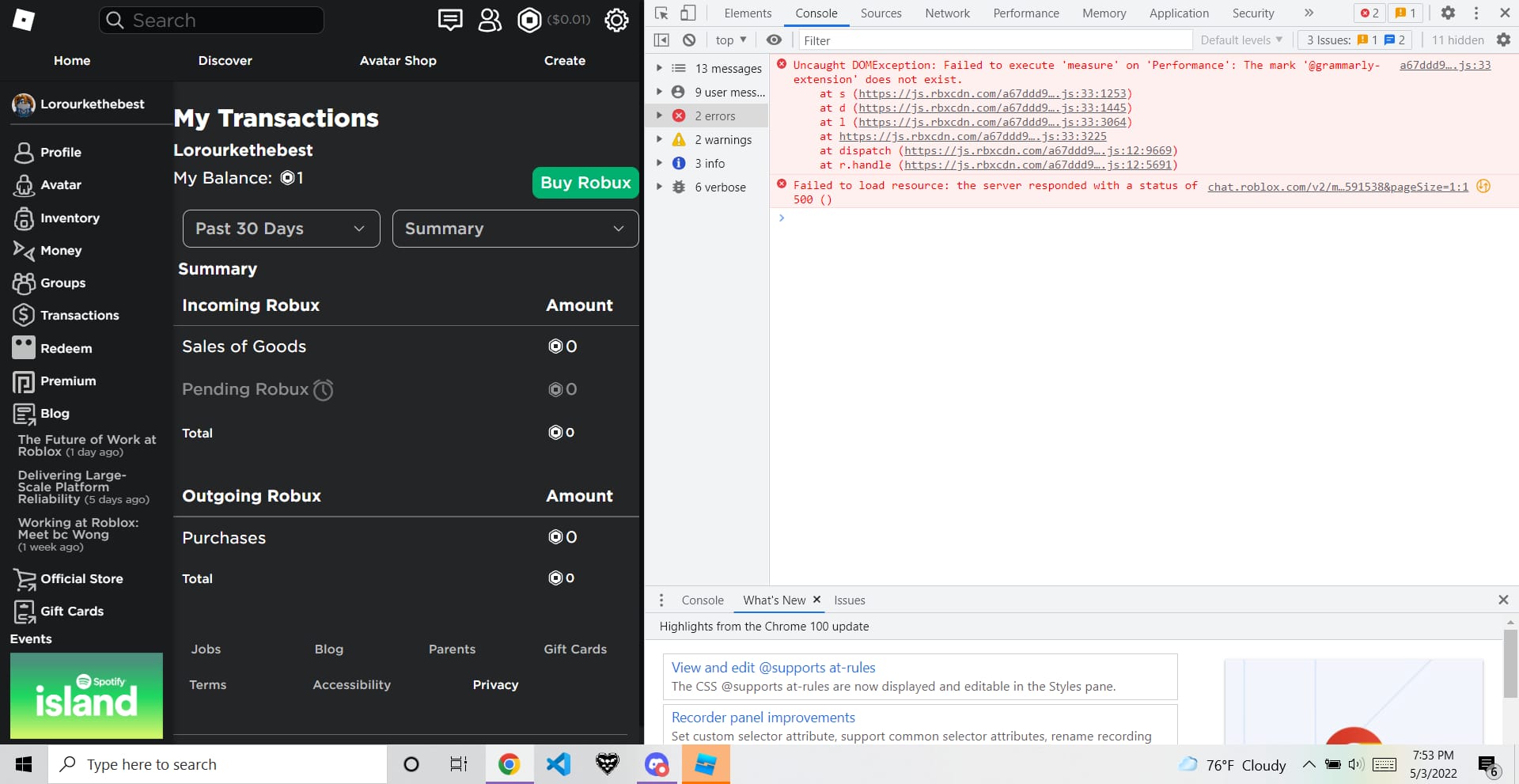 Страница Roblox My Transactions с историей покупок и операций Robux