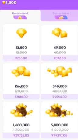 Comparison visual of Chamet Diamond top-up pack sizes and value tiers
