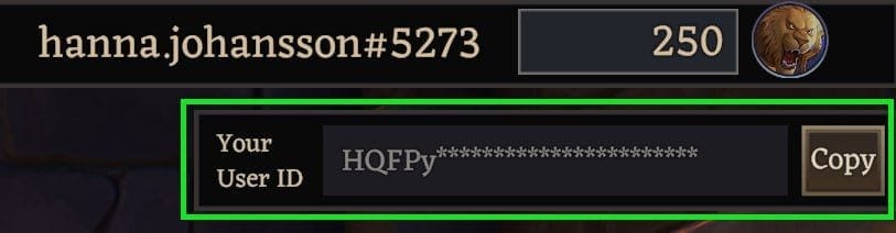 Экран профиля Crystalfall с отмеченными полями Player ID и имени персонажа для безопасного пополнения