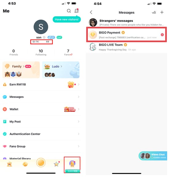 Bigo Live app profile screen showing where to find the numeric Bigo ID before recharging diamonds