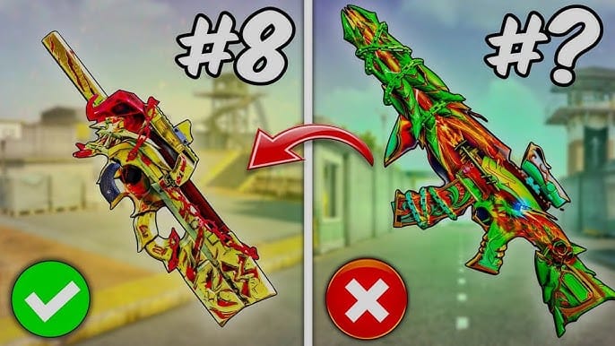 Blood Strike weapon comparison image showing current meta guns across SMG, AR, LMG, and sniper classes