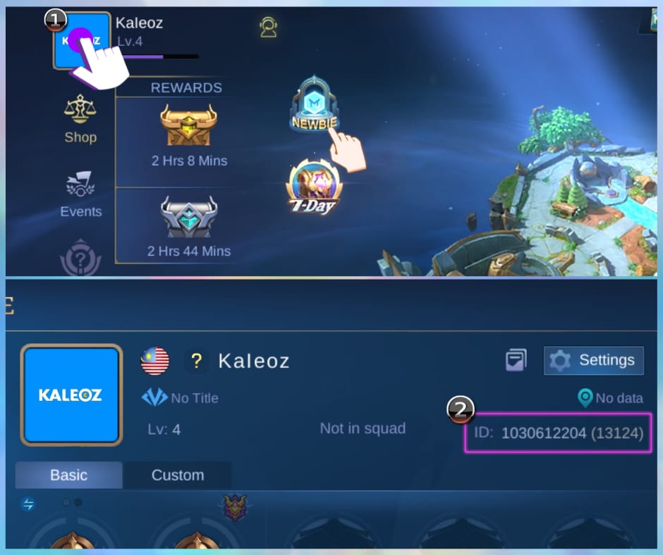 Mobile Legends: Adventure profile screen showing where to check Account ID and Server ID before M-Cash top up