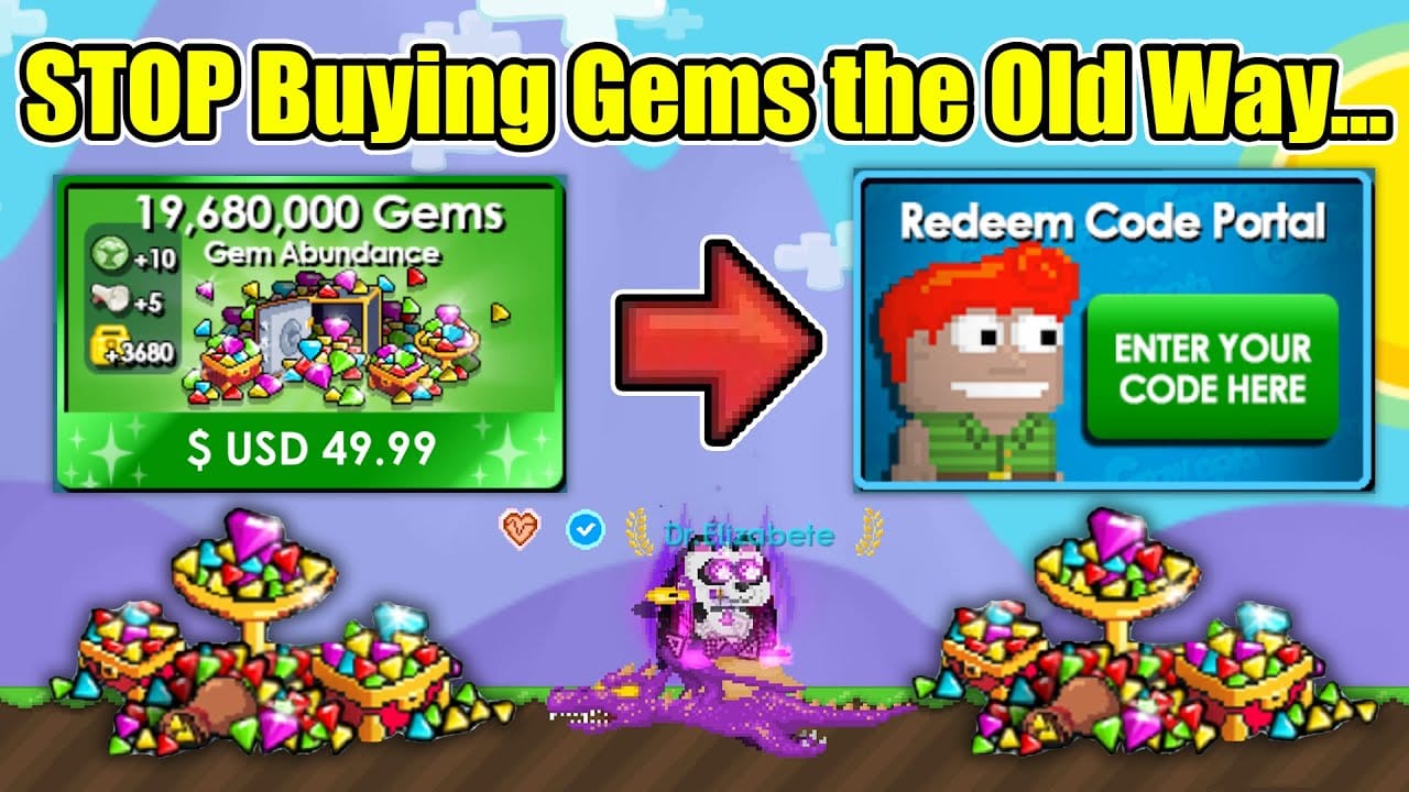 Guide visual for Growtopia Gems checkout showing GrowID entry, region selection, crypto network, amount, and payment timer checks before payment