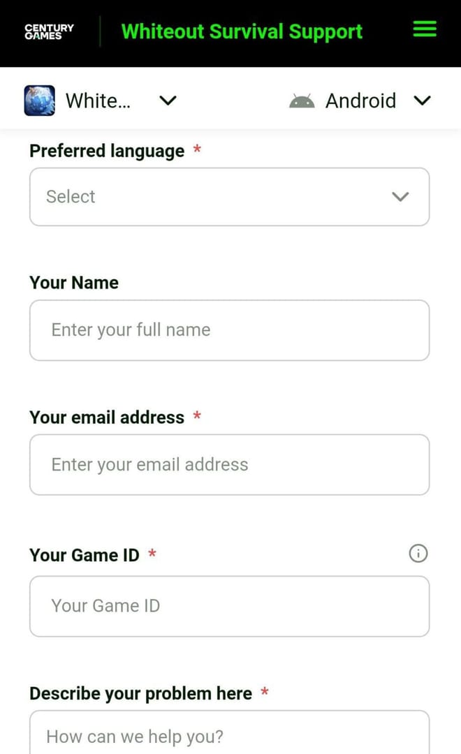 Whiteout Survival or Century Games support ticket interface for reporting delayed top up orders