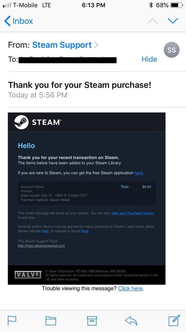 Steam order receipt email example used to verify whether a wallet top up was successfully completed