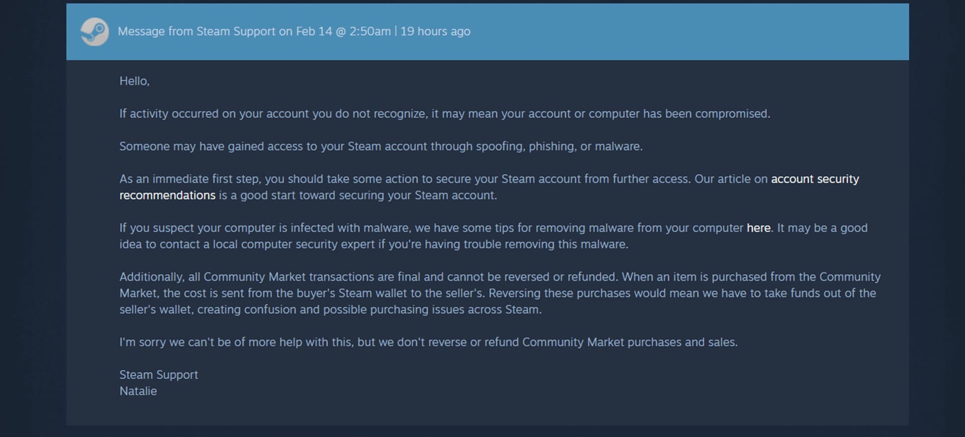 Steam Support purchases page for reporting a charged but failed wallet top up