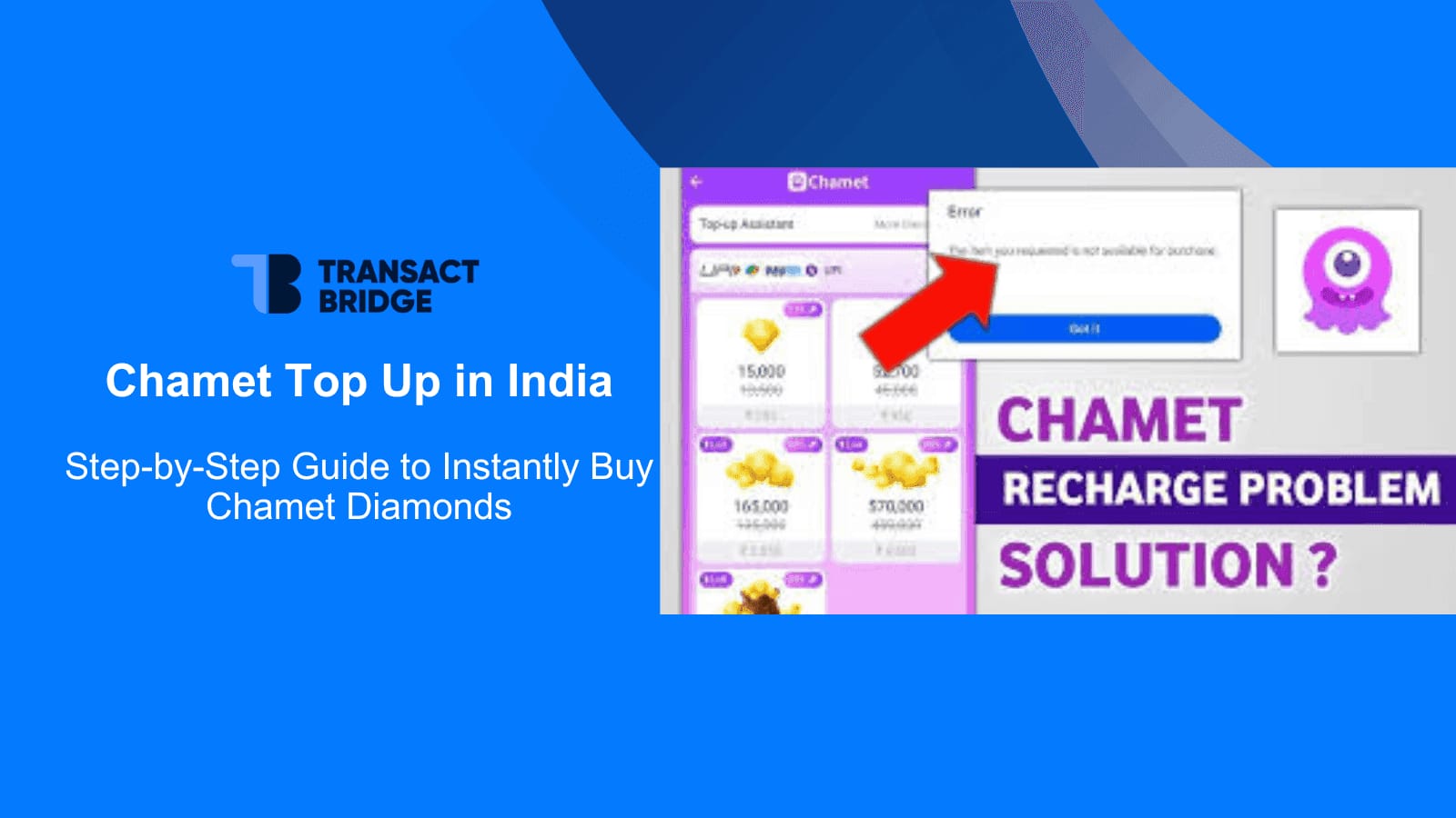 Chamet help or support screen showing the payment issues path for Diamonds Not Credited troubleshooting.