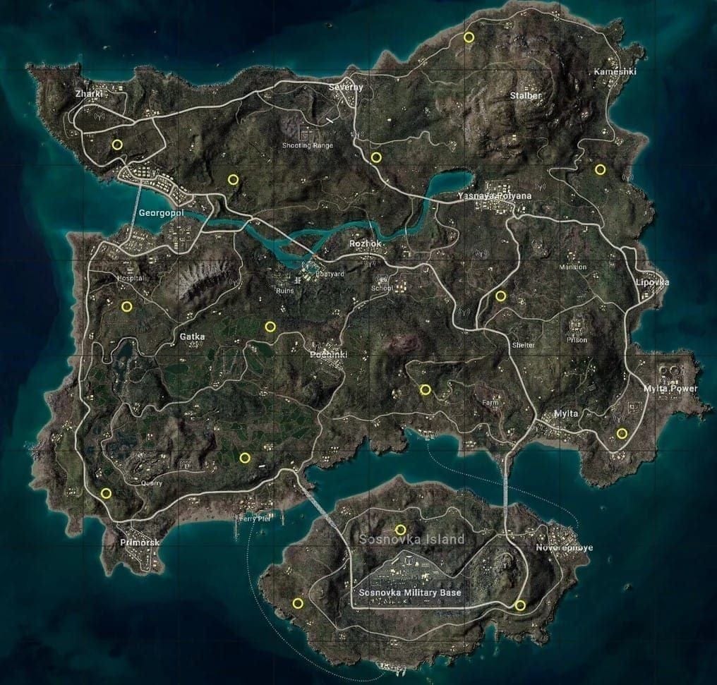 PUBG Mobile UC map selection image highlighting Erangel, Miramar, Sanhok, and Livik for weapon loadout planning