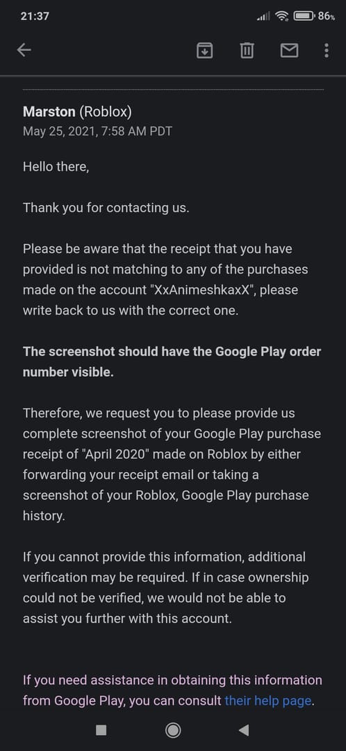 История заказа Roblox в Google Play или App Store с квитанцией об оплате