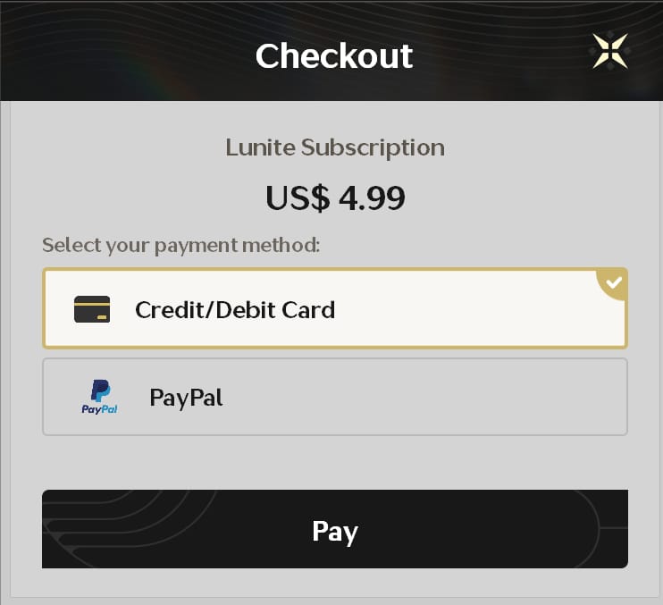 Wuthering Waves Lunite checkout or payment page showing payment methods and secure purchase flow.