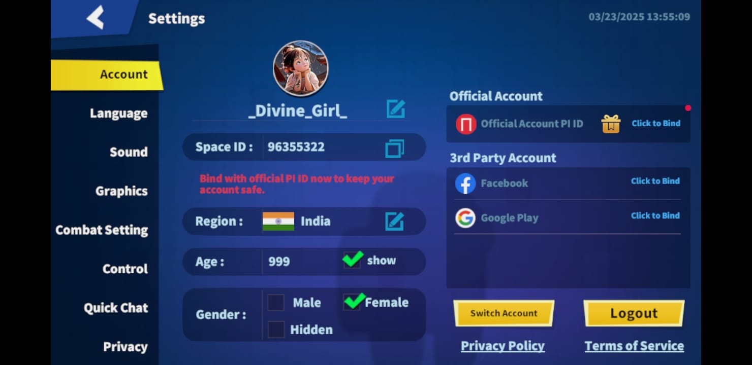 Super SUS account settings screen showing Space ID, account binding, and region-related account details