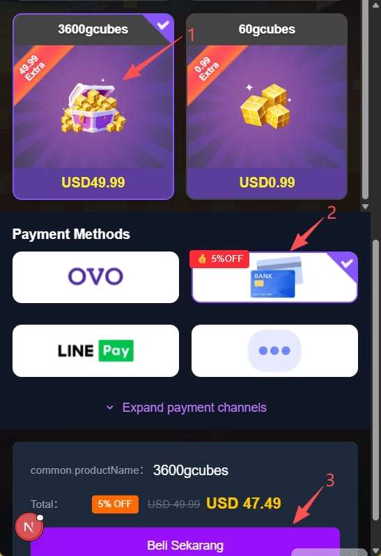 Blockman Go 공식 충전 또는 결제 화면에서 주문 정보와 할인 적용 여부를 확인하는 예시