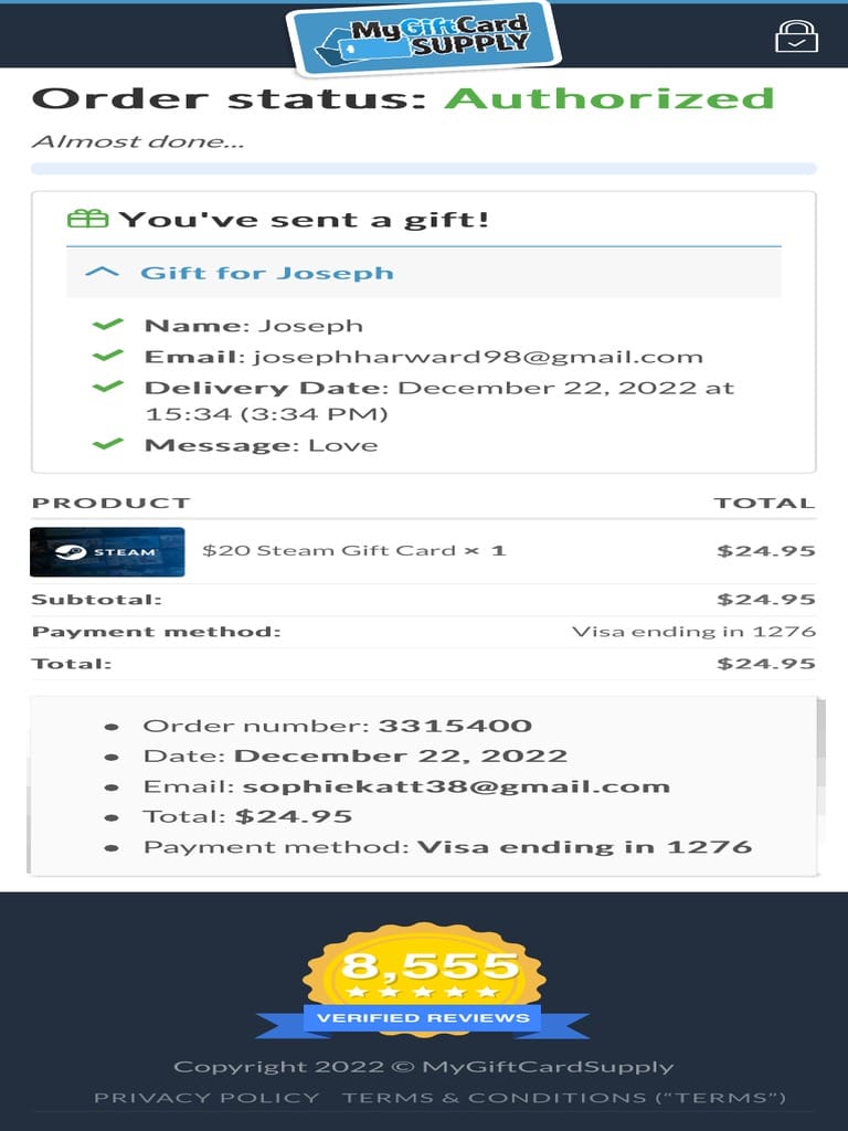 Steam Gift Card order status screen showing pending or under review after payment success