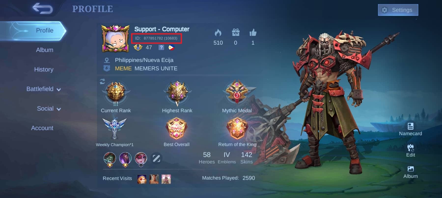 Mobile Legends: Bang Bang profile screen showing UID and server ID location for top-up verification