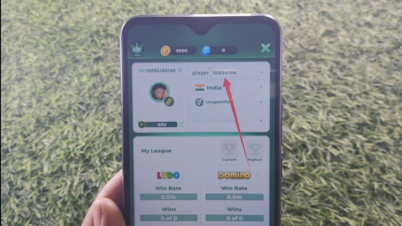 Yalla Ludo app screen showing where to find the Player ID in the profile area before topping up Gold