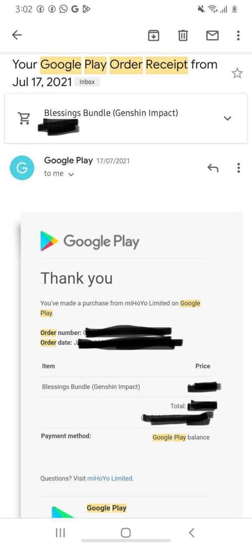 Screenshot example of Genshin Impact Top Up purchase record and receipt status in Google Play