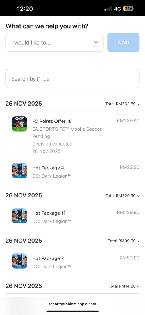 Payment history screen related to an EA Sports FC Mobile purchase showing pending or completed transaction status