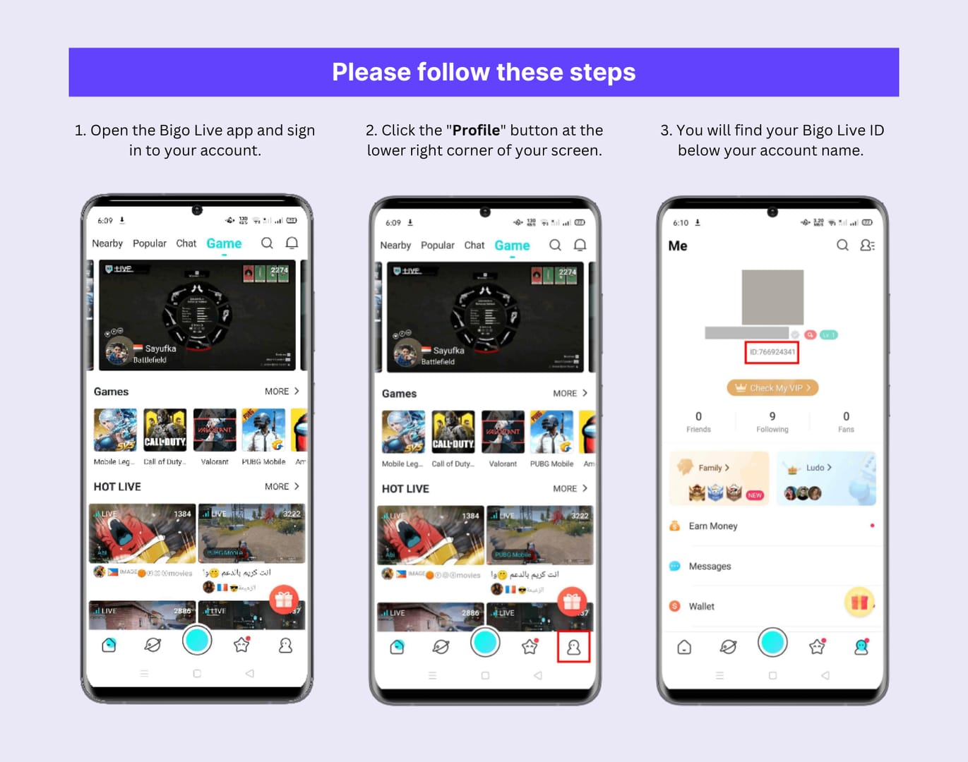 Bigo Live app account settings screen showing where to find the BIGO ID