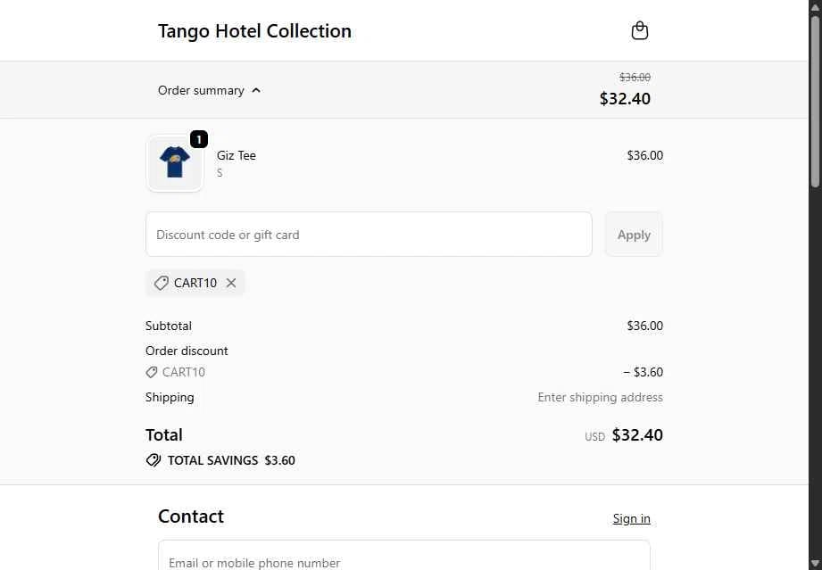 Official Tango checkout screen with a visible promo, discount, or bonus applied before payment.
