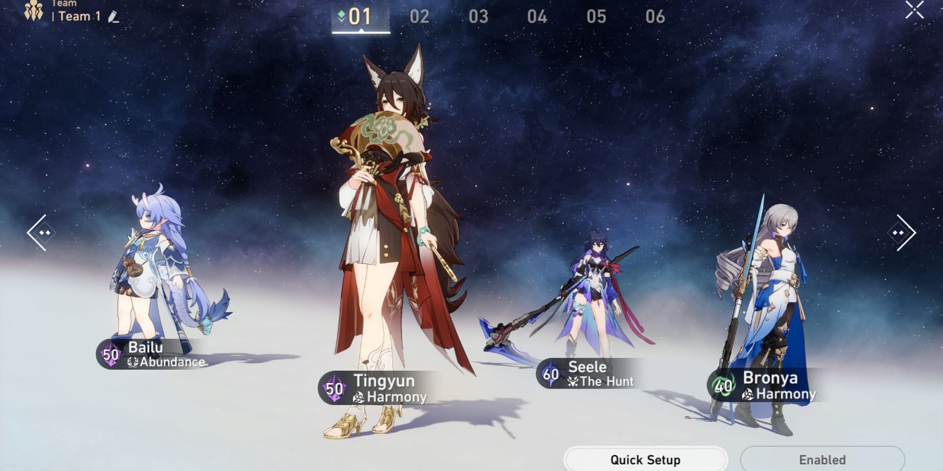 Honkai Star Rail team formation interface showing optimal DPS and support placement