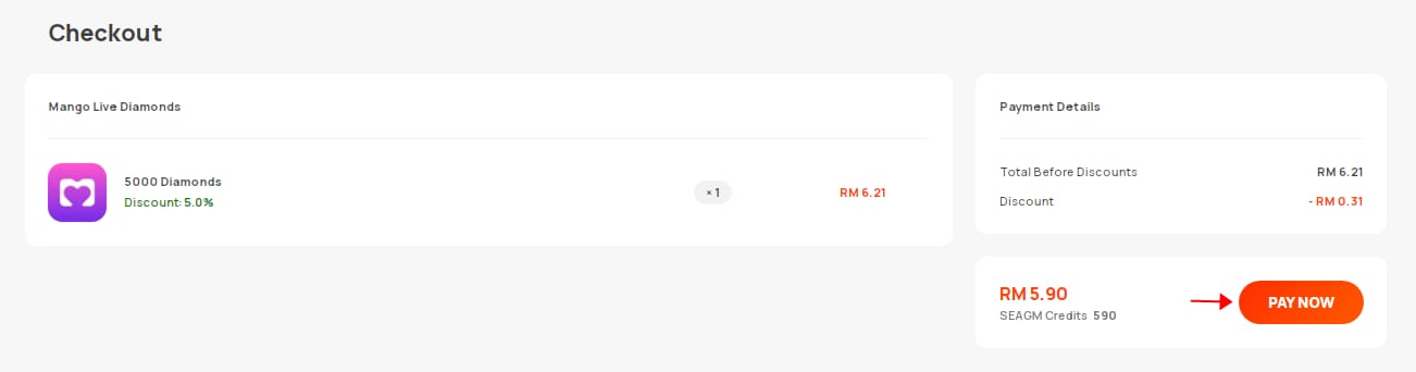 Mango Live Diamonds checkout page showing selected pack, final charge, and payment method before confirming payment