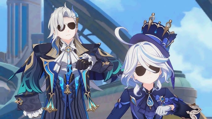 Genshin Impact team composition image featuring Neuvillette, Furina, Kazuha, and Xilonen as a top meta team