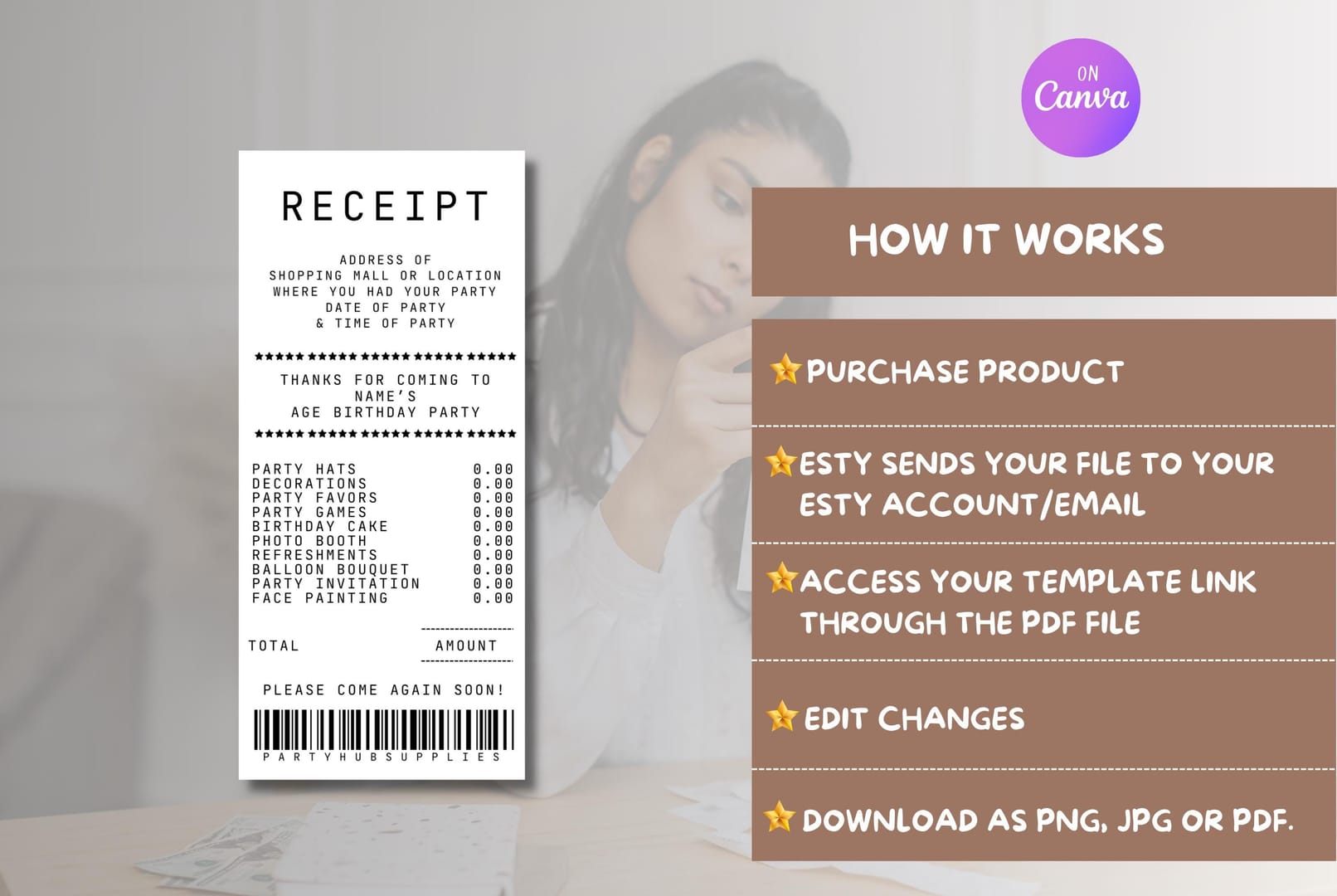 Party Star support evidence example with receipt, order ID, transaction ID, and screenshot of missing credited balance
