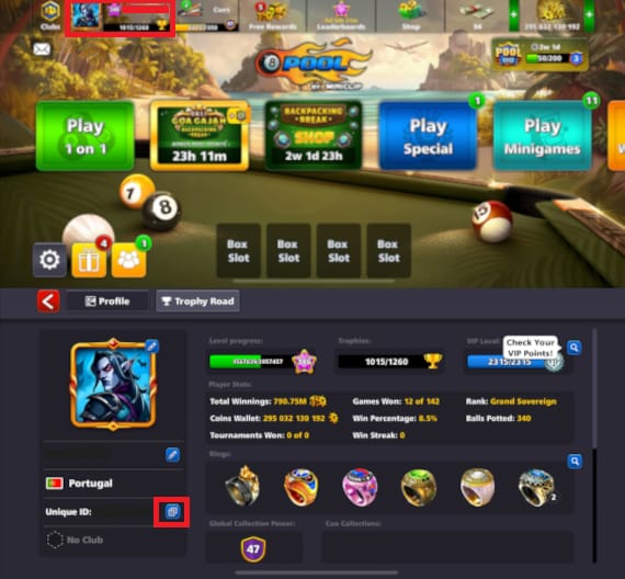 Экран профиля 8 Ball Pool, показывающий, где найти ID игрока или уникальный ID перед пополнением