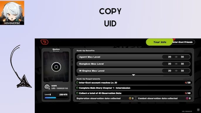Zenless Zone Zero account screen showing UID and server information for top-up verification