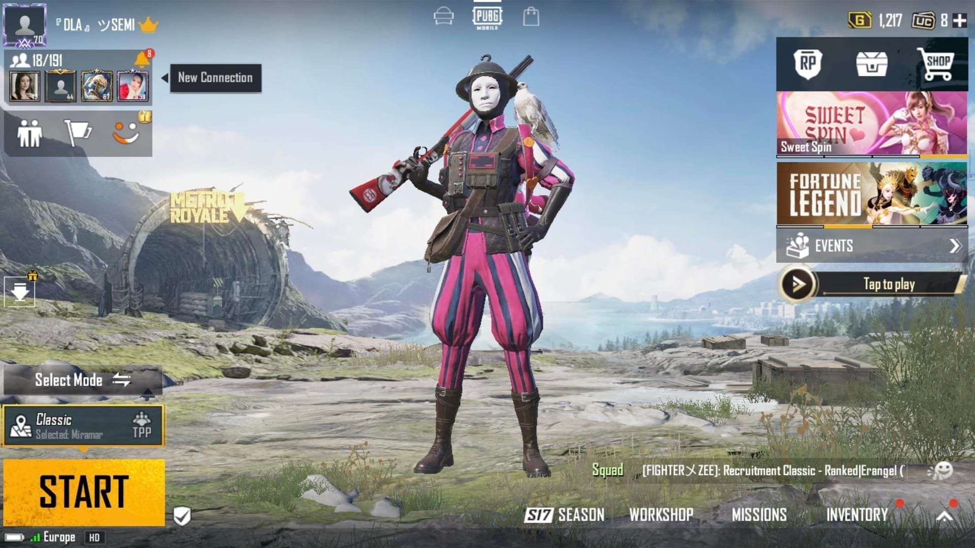 PUBG Mobile interface showing UC balance area for troubleshooting charged but not received UC orders