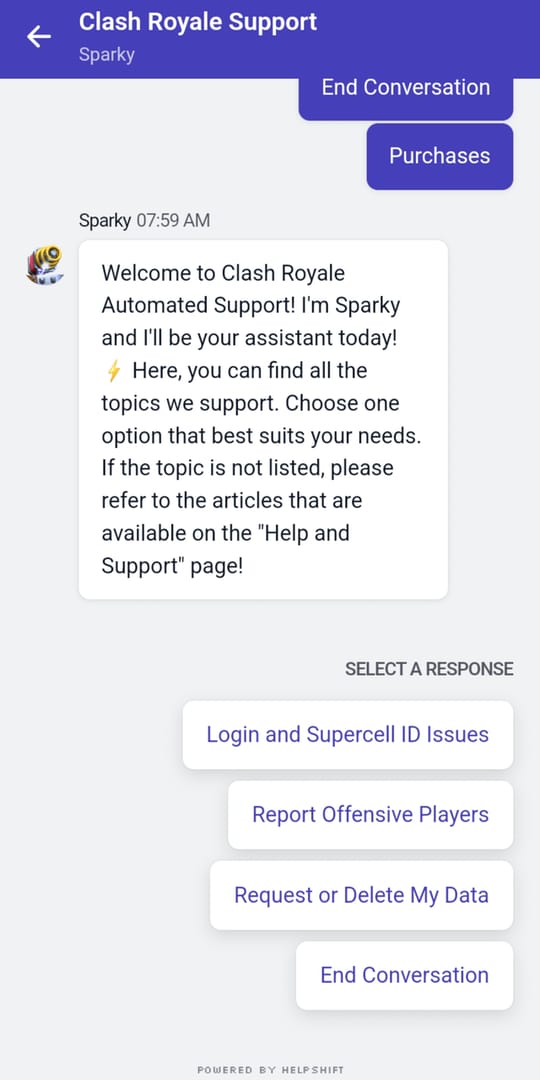 Clash Royale support or billing troubleshooting screen for missing Pass Royale or Gems