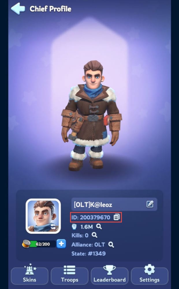 Whiteout Survival profile or Basic Info screen showing the player UID location before recharge