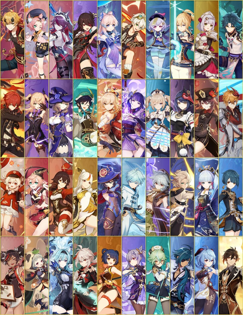 Genshin Impact character artwork lineup showing Furina, Kazuha, Xilonen, Mavuika, and Neuvillette for pull-value comparison