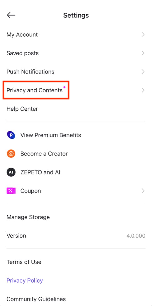 ZEPETO app settings screen showing Premium benefits and next payment date location