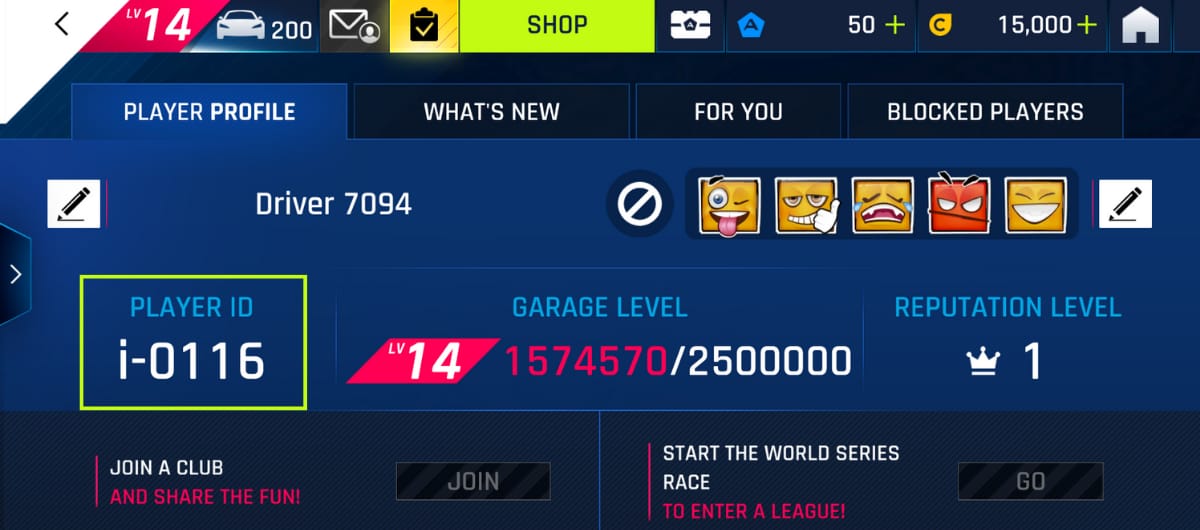 Asphalt 9 Legends 遊戲內玩家檔案或設定頁，顯示玩家ID與帳號資訊位置