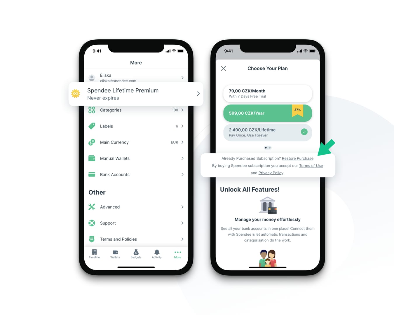 GIGB app account settings screen showing the Restore Purchase option for Premium recovery on a new phone