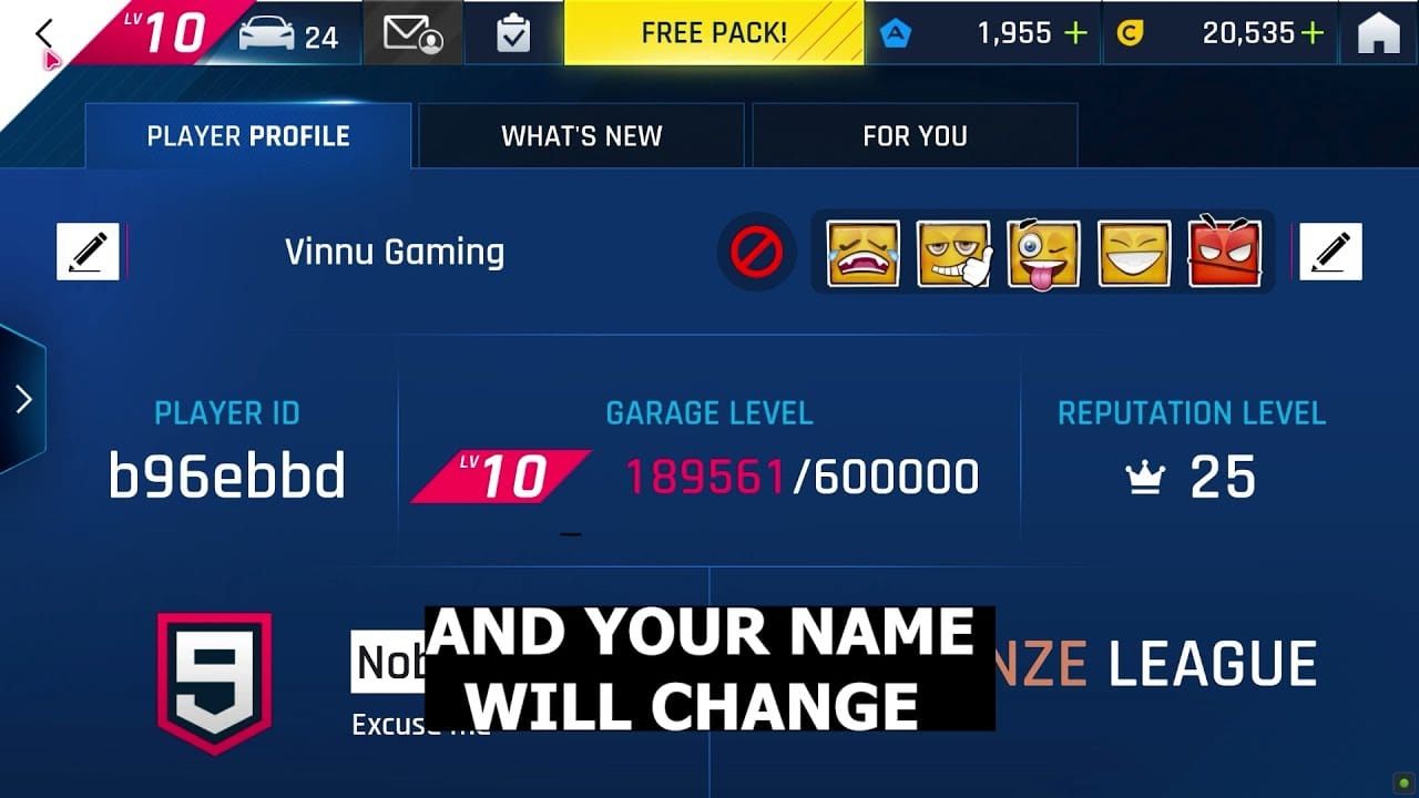 Asphalt 9: Legends profile screen showing player ID and account identity details used for top-up verification.