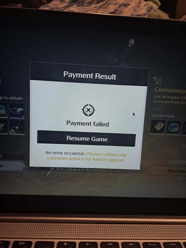 Wuthering Waves payment or account error screen related to region mismatch, pending verification, or recharge failure.