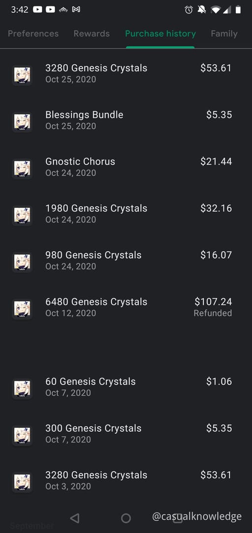 Genshin Impact payment or order history screen used to check charged transactions that did not deliver in game