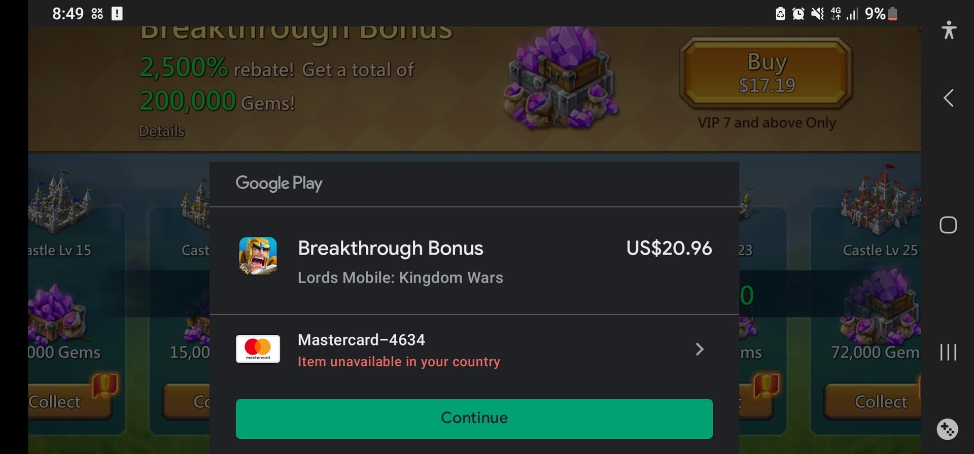 Comparison graphic showing Lords Mobile account region, app store country, location, and payment profile mismatch in overseas top-up troubleshooting.