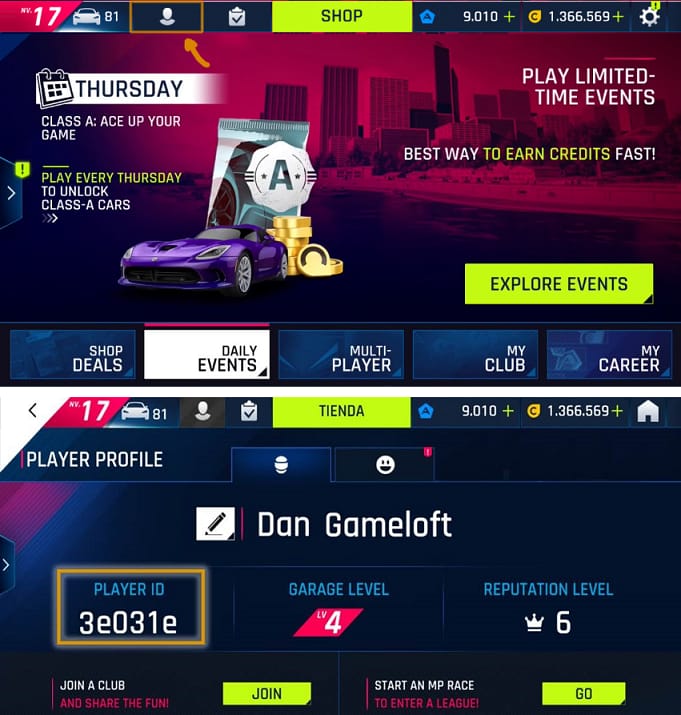 Asphalt 9: Legends profile or account screen showing where to find the Player ID needed for top up support and delivery troubleshooting.