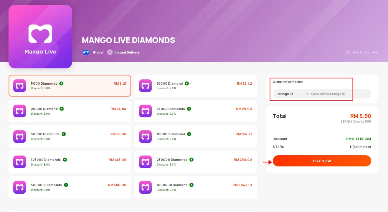 Mango Live Diamonds payment status or support screen showing pending or failed top-up troubleshooting context