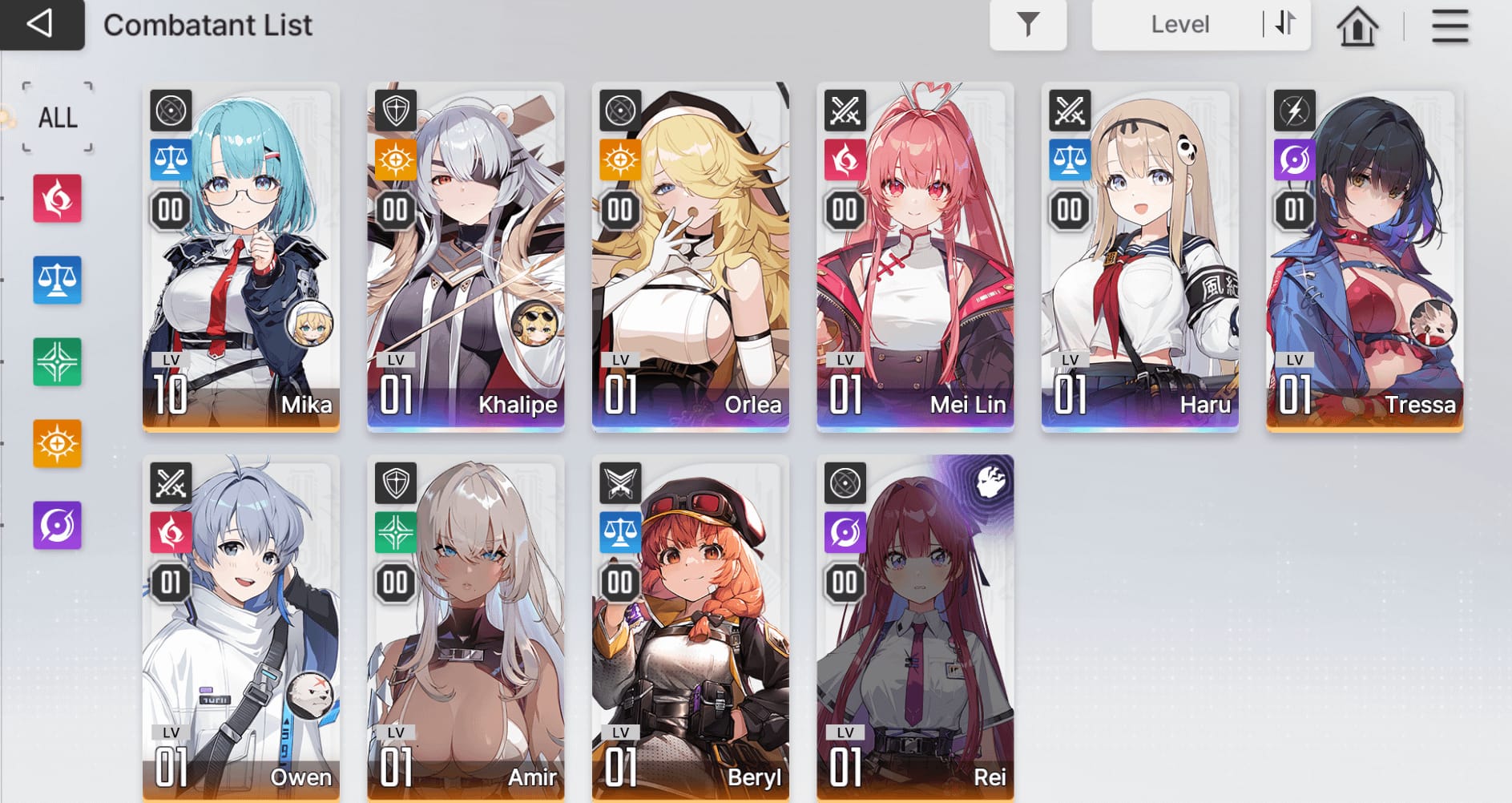 Интерфейс списка персонажей S-типа в Chaos Zero Nightmare