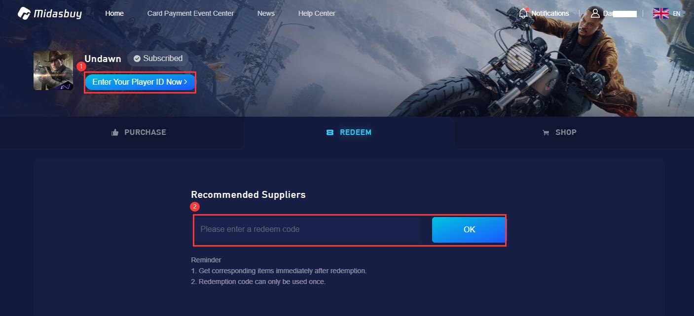 Guide image of the Undawn Midasbuy redemption page with fields for Player ID, server, and redeem code