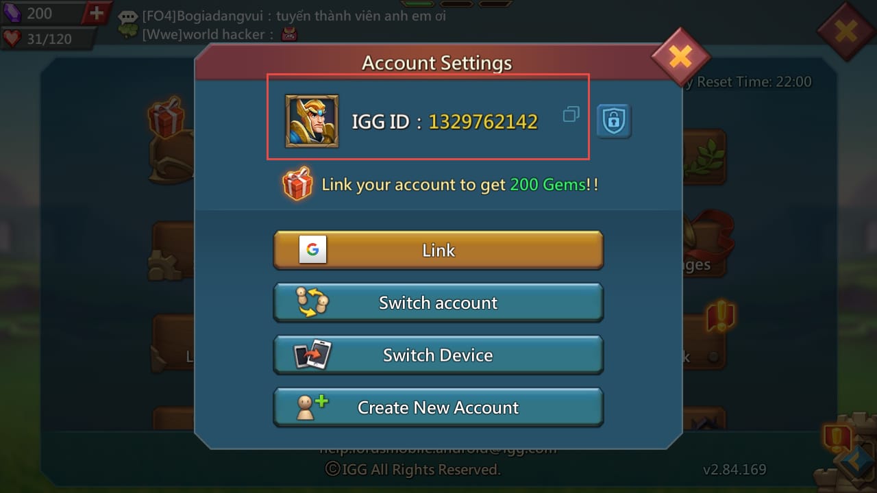 Lords Mobile account screen showing the IGG ID used to verify the correct recipient before a bulk gem purchase