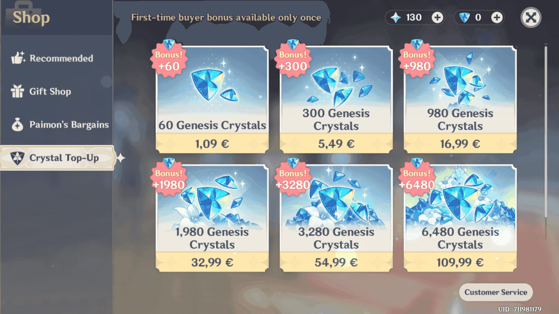 Guide visual explaining restore purchase for Welkin subscription versus one-time Genesis Crystal top-ups in Genshin Impact