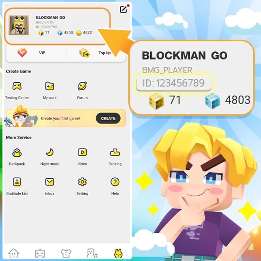 Blockman Go top-up guide screen showing account UID entry and small Gcubes pack selection
