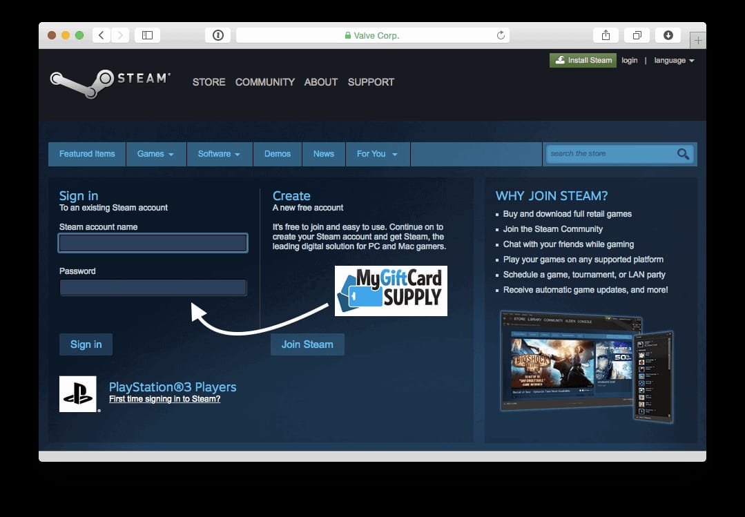 Steam account redemption screen for Steam Gift Card showing wallet code entry and account region context