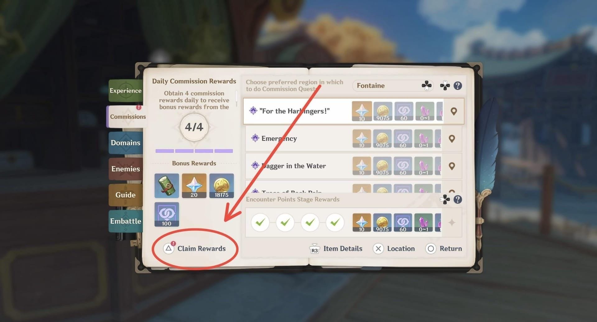 IMO Daily Commissions interface showing the main daily Primogem farming routine